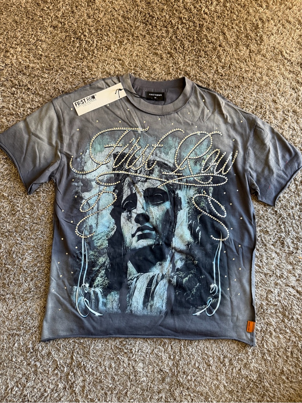 First Row Men's Short-Sleeve Graphic Tee in Gray with Embellished Design